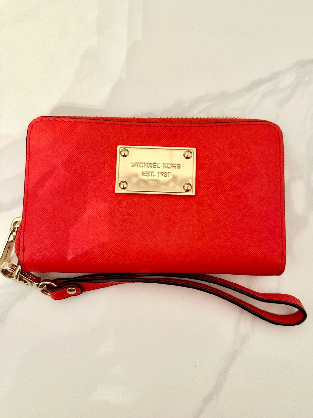 Michael Kors Bright Coral Saffiano Leather Zip Wristlet Wallet
